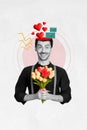 3d retro abstract creative artwork template collage of excited happy boyfriend gentleman hold tulips bouquet valentine