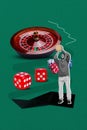 3d retro abstract creative artwork template collage of funky funny guy playing casino roulette isolated green color