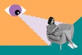 3d retro abstract creative artwork template collage of hacker eye spying personal data girl sit armchair relax use