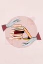 3d retro abstract creative artwork template collage of hand bookstore book pile stack college university student woman Royalty Free Stock Photo