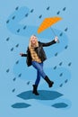 3d retro abstract creative artwork template collage of happy positive funny young girl hold umbrella protect rain