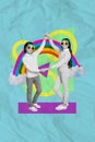 3d retro abstract creative artwork template collage of little boy girl brother sister holding hands rainbow clouds