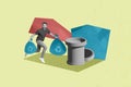 3d retro abstract creative artwork template collage of running walking young man holding trash sacks recycling ecology Royalty Free Stock Photo