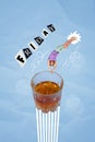 3d retro abstract creative artwork template collage of young funny jumping man whiskey glass alcohol have fun enjoy