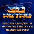 3D Retro alphabet font. Uppercase letters and numbers. Abstract blue background. Royalty Free Stock Photo