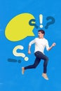 3d retro creative artwork template collage of funky shocked guy running asking question empty space isolated blue color Royalty Free Stock Photo