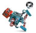 3D Retro Robot playing soccer. Isolated. Contains clipping path