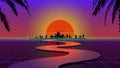 3d Retro wave city background. Neon night landscape with a futuristic city in the style and aesthetics of the 80s and Royalty Free Stock Photo