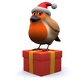 3d Robin sits on a Christmas gift