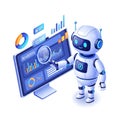 3D robot analyzing analytics data on computer screen with magnifying glass with artificial intelligence Royalty Free Stock Photo