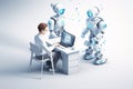 3D Robot Chatbots Working and Chatting Laptops on White Background