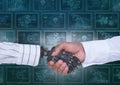 3D robot hand and person shaking hands against background with medical interfaces Royalty Free Stock Photo