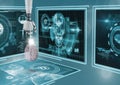 3D robot hand pointing a brain interface against background with medical interfaces Royalty Free Stock Photo