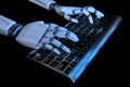 3d Robot hands typing on keyboard, keypad. Robotic hand cyborg using computer. 3d render realistic illustration.