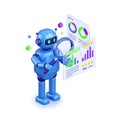 3D robot with magnifying glass analyzing data and analytics on transparent screen Royalty Free Stock Photo