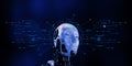 3D robotic render on circuit diagram on blue . artificial intelligence technology chatting connecting communication transfer