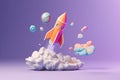 3D Rocket Blasting Off from a Cloud with Flames and Smoke, Dynamic Space Launch and Takeoff Imagery Royalty Free Stock Photo