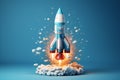 3D Rocket Blasting Off from a Cloud with Flames and Smoke, Dynamic Space Launch and Takeoff Imagery Royalty Free Stock Photo