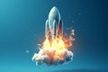 3D Rocket Blasting Off from a Cloud with Flames and Smoke, Dynamic Space Launch and Takeoff Imagery Royalty Free Stock Photo