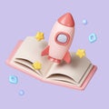 3D Rocket launch on top of a book background, Spaceship icon, education, and back to school concept. isolated on pastel