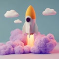 3D rocket launching into sky with colorful clouds, symbolizing innovation and creativity Royalty Free Stock Photo