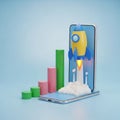 3D Rocket Launching from Smartphone with Growing Bar Chart on Blue Background Keywords: rocket, launch, smartphone, mobile, Royalty Free Stock Photo