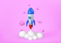 3d rocket. Space start elements, cute planets, spaceship launch in realistic fire cloud, creative technology isolated