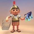 3d Roman legionnaire soldier in armour holding a shopping basket and credit card, 3d illustration