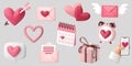 3d romantic collection icons set. Hearts, love letters and gifts. Royalty Free Stock Photo