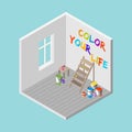 3D room with ladder, paint buckets, paintbrush and Color You Life colorful text on the wall. Isometric vector illustration