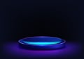 3d round neon podium glowing on dark background technology mockup product display showcase futuristic stage