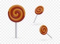 3D round spiral lollipop on stick. Multicolored swirled caramel in different positions