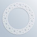 3D round white frame, vignette. Islamic geometric border Vector muslim, persian motif. Elegant oriental ornament Royalty Free Stock Photo