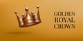 3d royal crown, majestic kingdom. Prince, queen or king authority sign, vintage gold medieval decoration element. Luxury