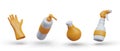3D rubber orange glove, pump bottle, soap jar, spray gun Royalty Free Stock Photo