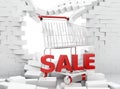 3d Sale sign of a shopping cart breaking through a brick wall Royalty Free Stock Photo
