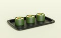 3d salmon onigiri sushi on food tray, japanese food isolated concept, 3d render illustration Royalty Free Stock Photo