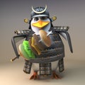 3d samurai penguin warrior character with a cheeseburger on his katana sword, 3d illustration