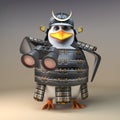 3d samurai penguin warrior in traditional armour using a pair of binoculars, 3d illustration