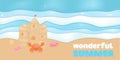 3D sand castle set, vector summer beach vacation , banner, red crab, starfish, ball. Cartoon ocean sea shore tower, tropical Royalty Free Stock Photo