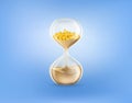 3d sand hourglass. Time is money business concept. Gold coins. Realistic transparent glass watch, hour at sandglass Royalty Free Stock Photo