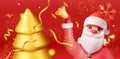 3D Santa Claus with Bell and Gold Christmas Tree Royalty Free Stock Photo