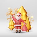 3D Santa Claus with Bell and Gold Christmas Tree Royalty Free Stock Photo