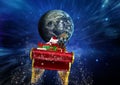 3D Santa claus riding reindeer sleigh towards globe Royalty Free Stock Photo