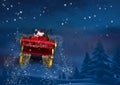 3D Santa claus riding reindeer sleigh towards the sky