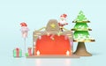 3d santa claus standing on fireplace with copy space, lantern, christmas tree, lamp, gift box, socks isolated on blue background.