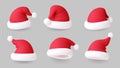 3d santa hats. Christmas hat realistic, modern xmas party red head accessories. New year symbol, winter render caps Royalty Free Stock Photo