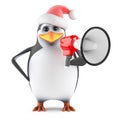 3d Santa penguin yells through a megaphone