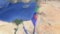 A 3D satellite map that highlights Lebanon, Palestinian Territories (Gaza and West Bank), and Israel. No text.