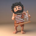 3d savage caveman in pelt holding prehistoric abacus, 3d illustration